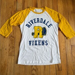 Hot Topic White and Yellow Riverdale Vixens Raglan Long Sleeve Tee